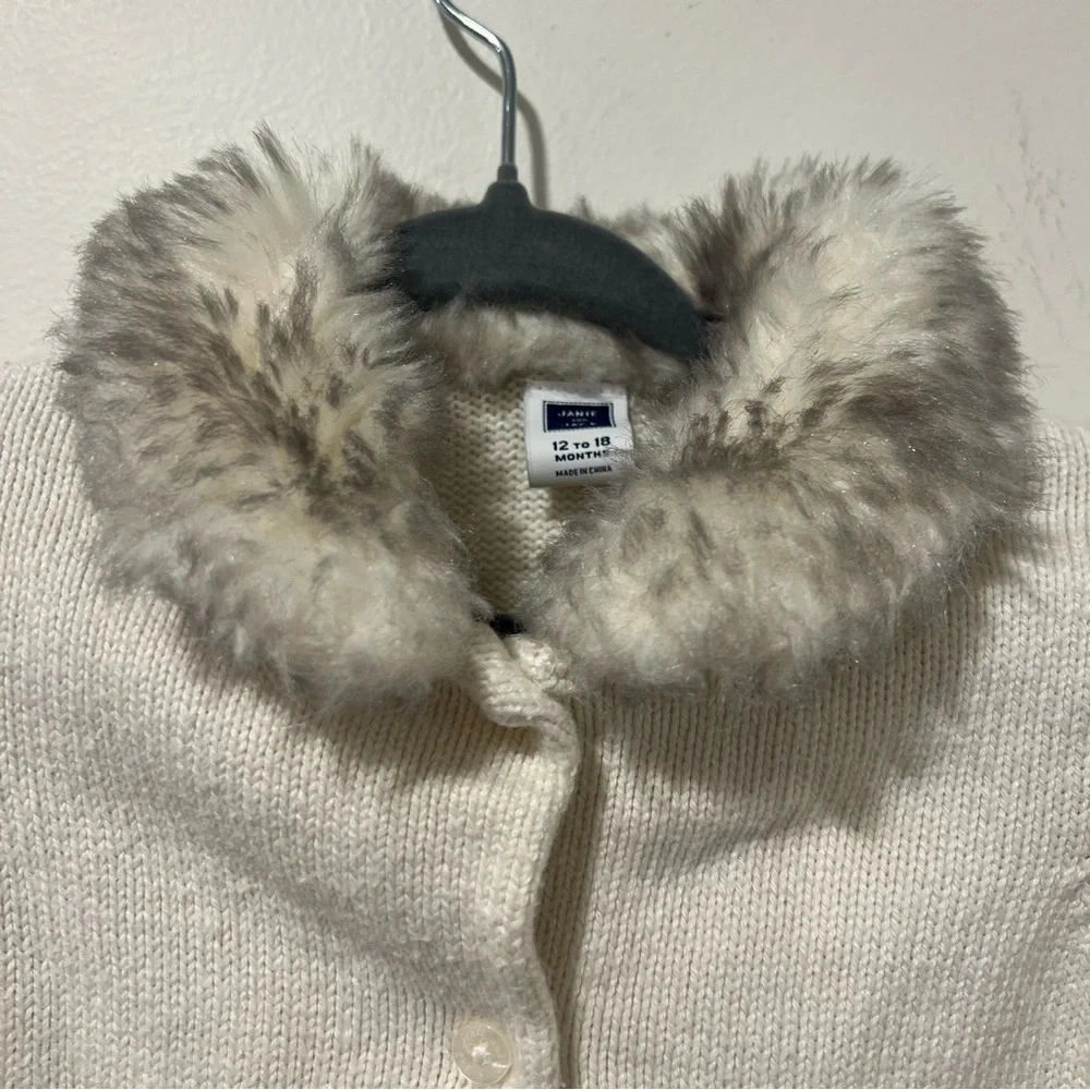Janie & Jack Baby Girl Faux Fur Collar Cardigan Ivory White Bow Pocket 12-18m